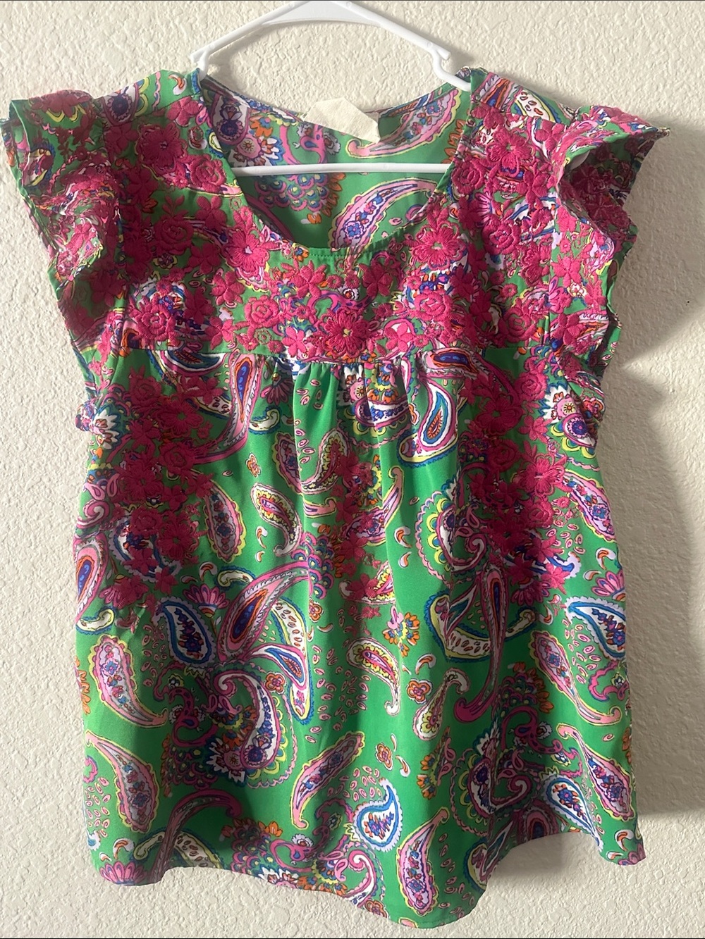 Savanna Jane Green Paisley Flutter Sleeve Top with Pink Accents
